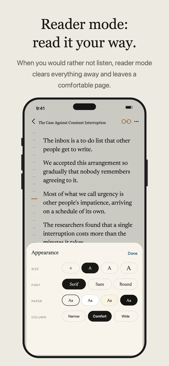 Reader mode: read it your way.