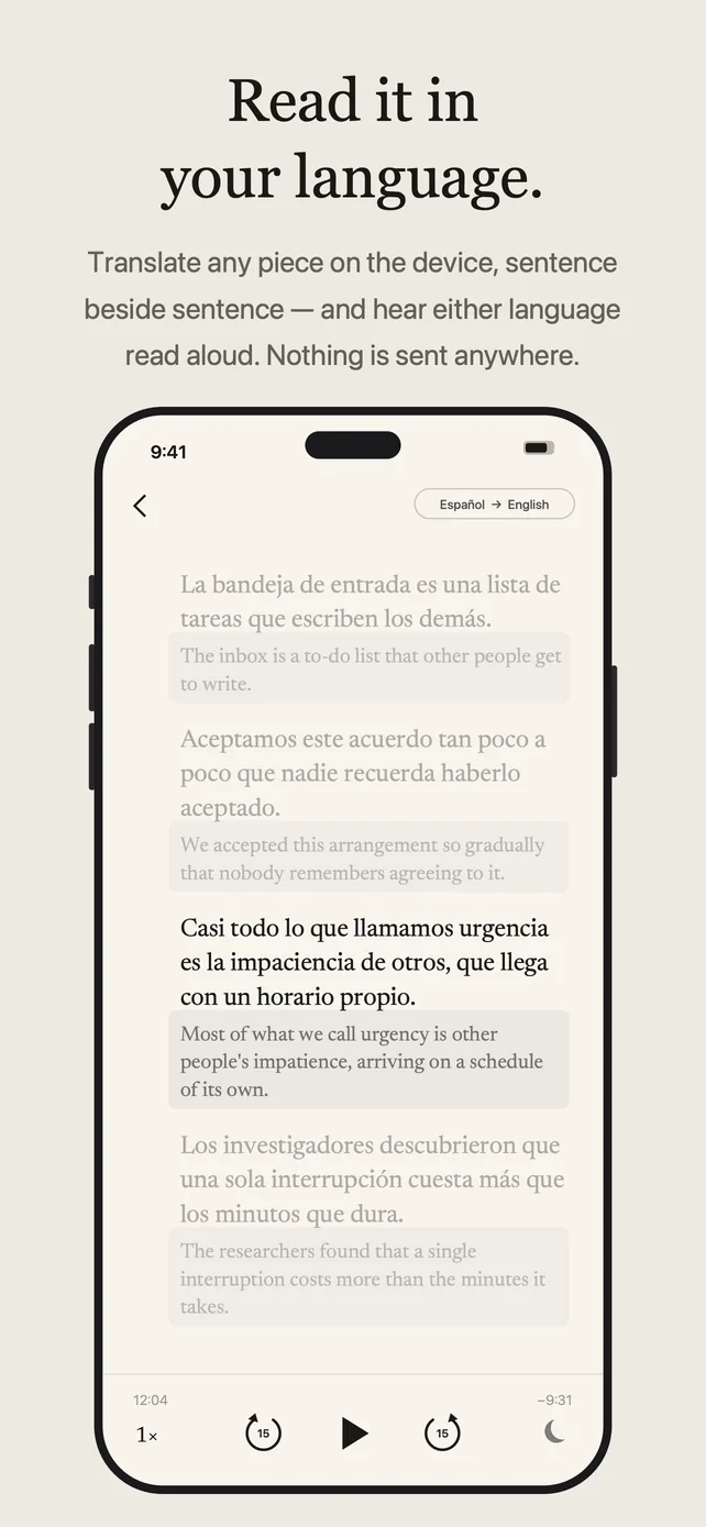 Read it in your language: any piece translated on the device, sentence beside sentence.