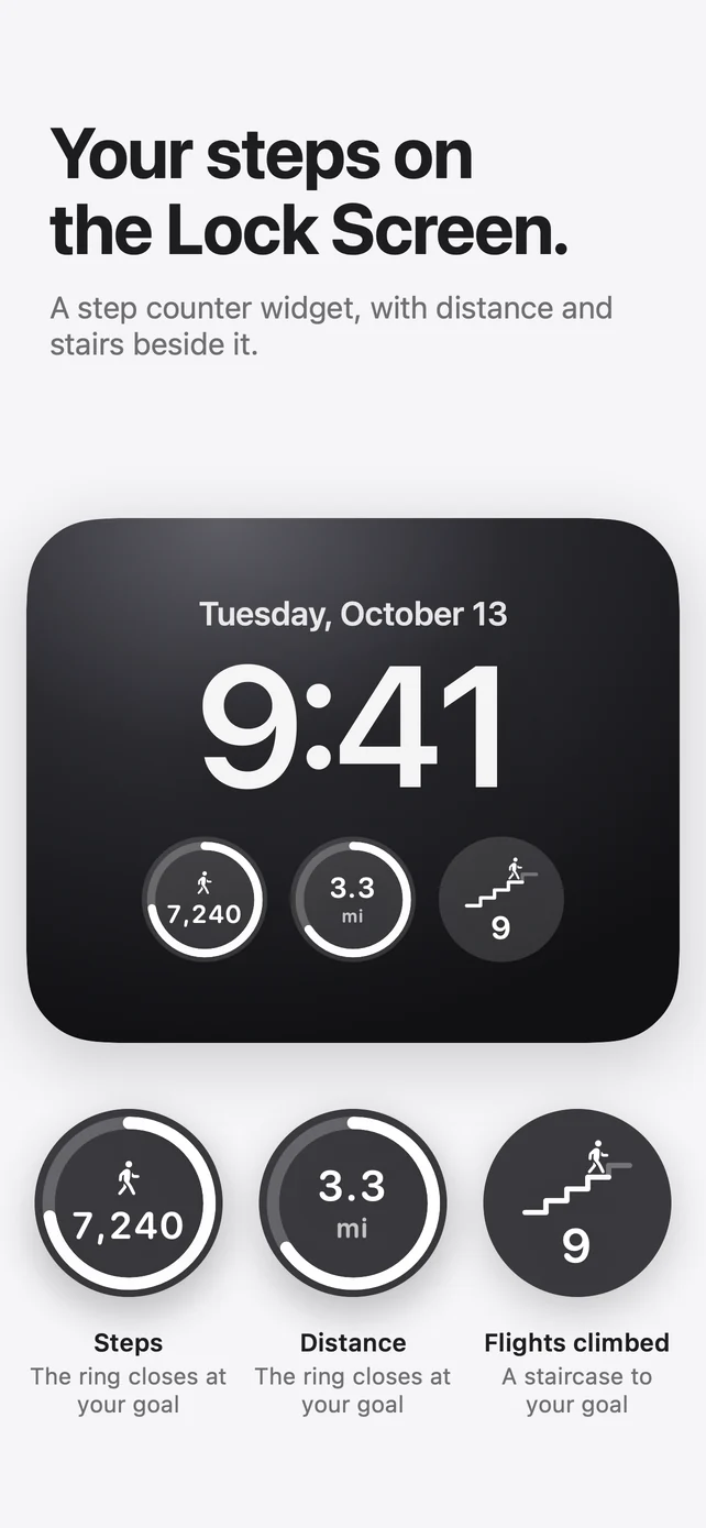 Your steps on the Lock Screen: a step counter widget, with distance and stairs beside it.