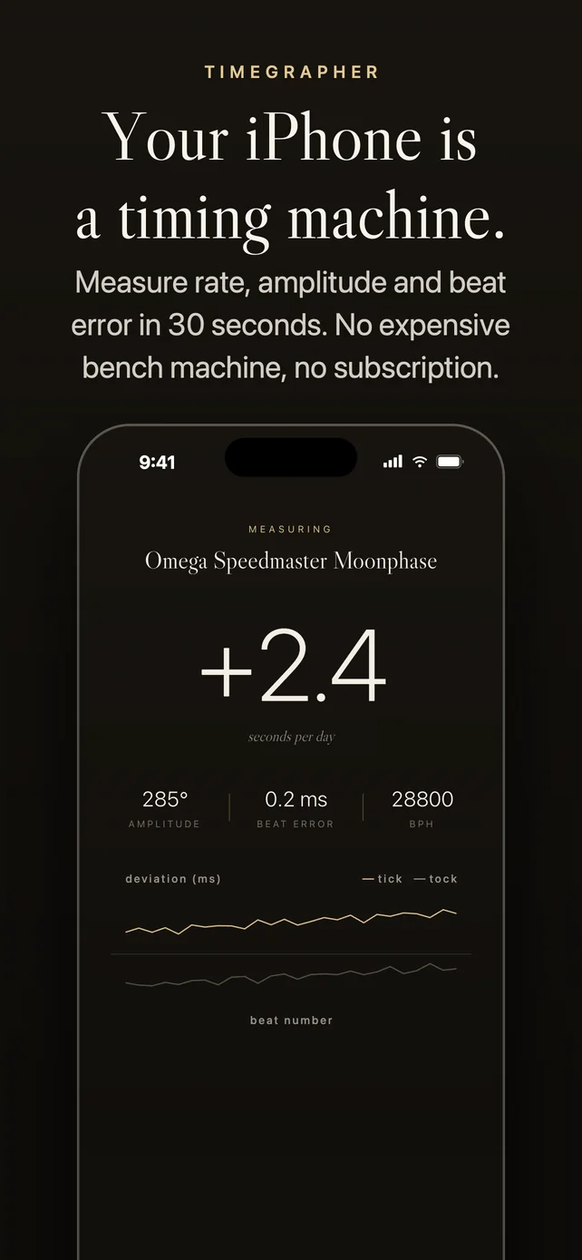Your iPhone is a timing machine: rate, amplitude, and beat error in 30 seconds.