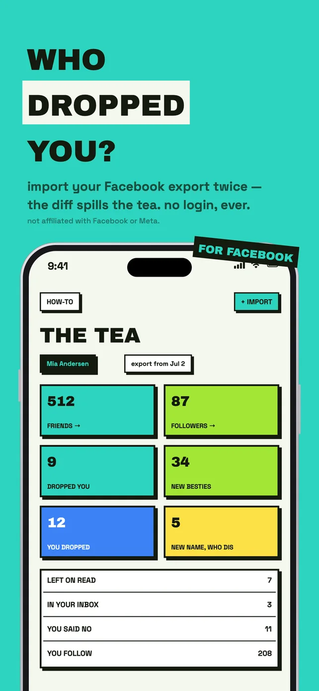 Who dropped you? Import your Facebook export twice and the difference shows who left.